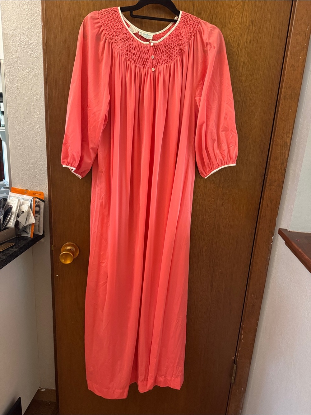 Long Eve Stillman Coral Smocked Yoke Nightgown with 3/4 Sleeves 60’s Vintage